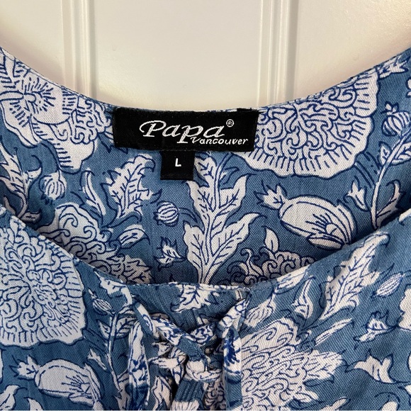 Papá Vancouver | Tiered Blue Floral Maxi Dress w/tie & tassels Size L Cottage - Picture 14 of 14